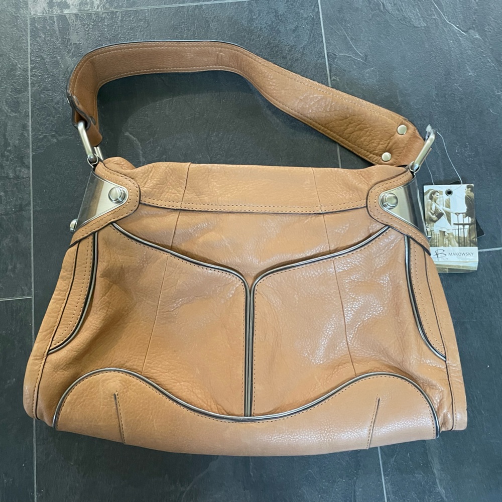 B. Makowsky Tan Leather Shoulder Bag with Structured Design